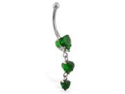 14K solid white gold belly ring with triple heart CZ dangle