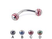 Curved barbell with epoxy striped balls 14 ga Length 5 16 8mm Ball size 3 16 5mm Color Yellow Red Green D