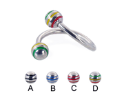 Twisted barbell with epoxy striped balls 14 ga Diameter 5 8 16mm Ball size 1 4 6mm Color black A