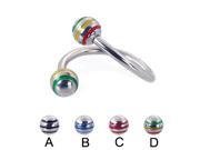 Twisted barbell with epoxy striped balls 14 ga Diameter 9 16 14mm Ball size 1 4 6mm Color Yellow Red Green D
