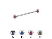 Industrial barbell with epoxy striped balls 12 ga Length 1 3 4 44mm Ball size 1 4 6mm Color black A