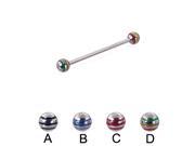 Industrial barbell with epoxy striped balls 14 ga Length 1 3 8 35mm Ball size 3 16 5mm Color red C