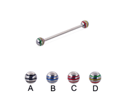 Industrial barbell with epoxy striped balls 14 ga Length 1 3 4 44mm Ball size 1 4 6mm Color Yellow Red Green D
