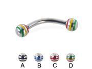Curved barbell with epoxy striped balls 12 ga Length 7 16 11mm Ball size 3 16 5mm Color black A