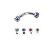 Curved barbell with epoxy striped balls 10 ga Length 5 8 16mm Ball size 3 16 5mm Color blue B
