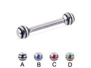 Straight barbell with epoxy striped balls 12 ga Length 5 16 8mm Ball size 3 16 5mm Color Yellow Red Green D