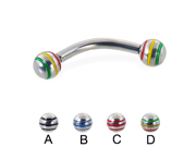 Curved barbell with epoxy striped balls 12 ga Length 1 2 13mm Ball size 1 4 6mm Color Yellow Red Green D