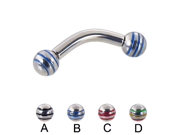 Curved barbell with epoxy striped balls 10 ga Length 1 2 13mm Ball size 3 16 5mm Color blue B