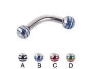 Curved barbell with epoxy striped balls 10 ga Length 3 8 10mm Ball size 3 16 5mm Color Yellow Red Green D