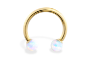 14K solid gold horseshoe circular barbell with white opal balls 14ga