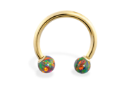 14K White Gold horseshoe circular barbell with rainbow opal balls 14ga