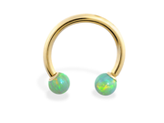 14K Yellow Gold horseshoe circular barbell with Green opal balls 14ga