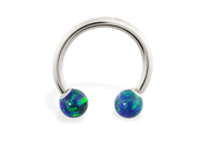 14K solid white gold horseshoe circular barbell with blue green opal balls 14ga