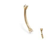 14K solid yellow gold internally threaded curved barlbell with clear CZs 16ga