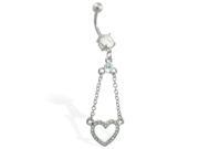 Navel ring with dangling jeweled heart on chains