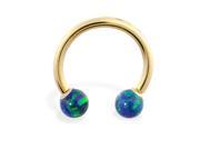 14K Yellow Gold Nickel free horseshoe circular barbell with Blue Green opal balls 18 ga