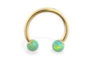14K Yellow Gold Nickel free horseshoe circular barbell with Green opal balls 12 ga