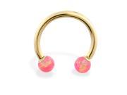 14K Yellow Gold Nickel free horseshoe circular barbell with Pink opal balls 16 ga