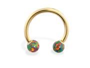 14K Yellow Gold Nickel free horseshoe circular barbell with Rainbow opal balls 16 ga