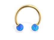 14K Yellow Gold Nickel free horseshoe circular barbell with Blue opal balls 14 ga