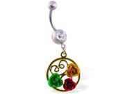 Navel ring with dangling multi colored roses in a circle