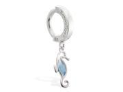 Sterling Silver Tummytoys Belly Sleeper Ring with dangling Blue Zircon jeweled seahorse 14 ga