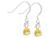 Sterling Silver Earrings with small dangling Citrine Genuine jeweled cat charm