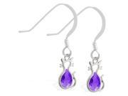 Sterling Silver Earrings with small dangling Amethyst jeweled cat charm