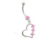 14K White Gold Nickel free belly ring with Pink Tourmaline jeweled dangling heart