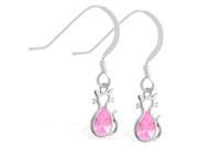 Sterling Silver Earrings with small dangling Pink Tourmaline jeweled cat charm