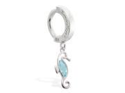 Sterling Silver Tummytoys Belly Sleeper Ring with dangling Aquamarine Imitation jeweled seahorse 14 ga