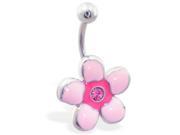 Pink jeweled flower belly ring