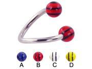Spiral barbell with double striped balls 12 ga Diameter 3 8 10mm Ball size 1 4 6mm Color yellow D