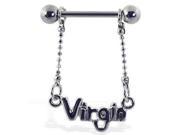 Navel ring with dangling VIRGIN