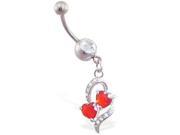 Navel ring with dangling red jeweled hearts within a heart