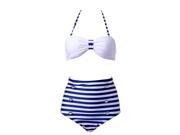 Retro Pinup Girl High Waist Bikini Swimsuit White Top with Blue Stripe Bottom Small