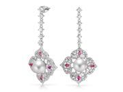 Bling Jewelry Red CZ Simulated Pearl Flower Drop Earrings Rhodium Plated