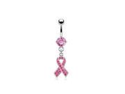 Bling Jewelry CZ Enamel Pink Ribbon Dangle Belly Ring 14 Gauge 316L Steel