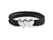 Bling Jewelry Braided Black Leather Double Heart Bracelet Stainless Steel