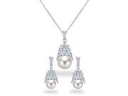 Bling Jewelry CZ Simulated Pearl Drop Necklace Earrings Set Rhodium Plated