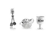 Bling Jewelry Sterling Silver Wine Glass Teapot Fork Spoon Foodie Bead Set Fits Pandora