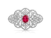 Bling Jewelry Oval Red Simulated Ruby CZ Flower Brooch Pin Rhodium Plated