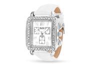 Bling Jewelry Square Deco Style White Leather Strap Stainless Steel Back Watch
