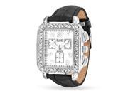 Bling Jewelry Square Crystal Deco Style Black Leather Strap Steel Back Watch