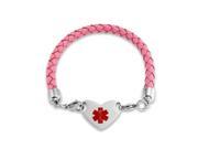 Bling Jewelry Pink Braided Leather Steel Heart Medical Alert ID Bracelet