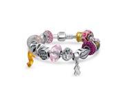 Valentines Day Pink Ribbon Breast Cancer Awareness Enamel Glass CZ Bead Bracelet 925 Fits Pandora