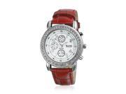 Bling Jewelry Geneva Round Red Leather Strap Stainless Steel Back Watch