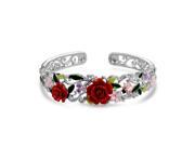 Bling Jewelry Red Resin Rose CZ Ladybug Cuff Bracelet Rhodium Plated 7.5in