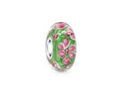 Bling Jewelry Pink Flowers on Green Sterling Silver Murano Glass Bead