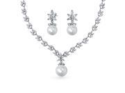 Bling Jewelry Simulated Pearl CZ Leaf Necklace Earrings Set Rhodium Plated